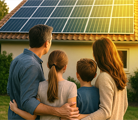 Familia frente a casa con paneles solares